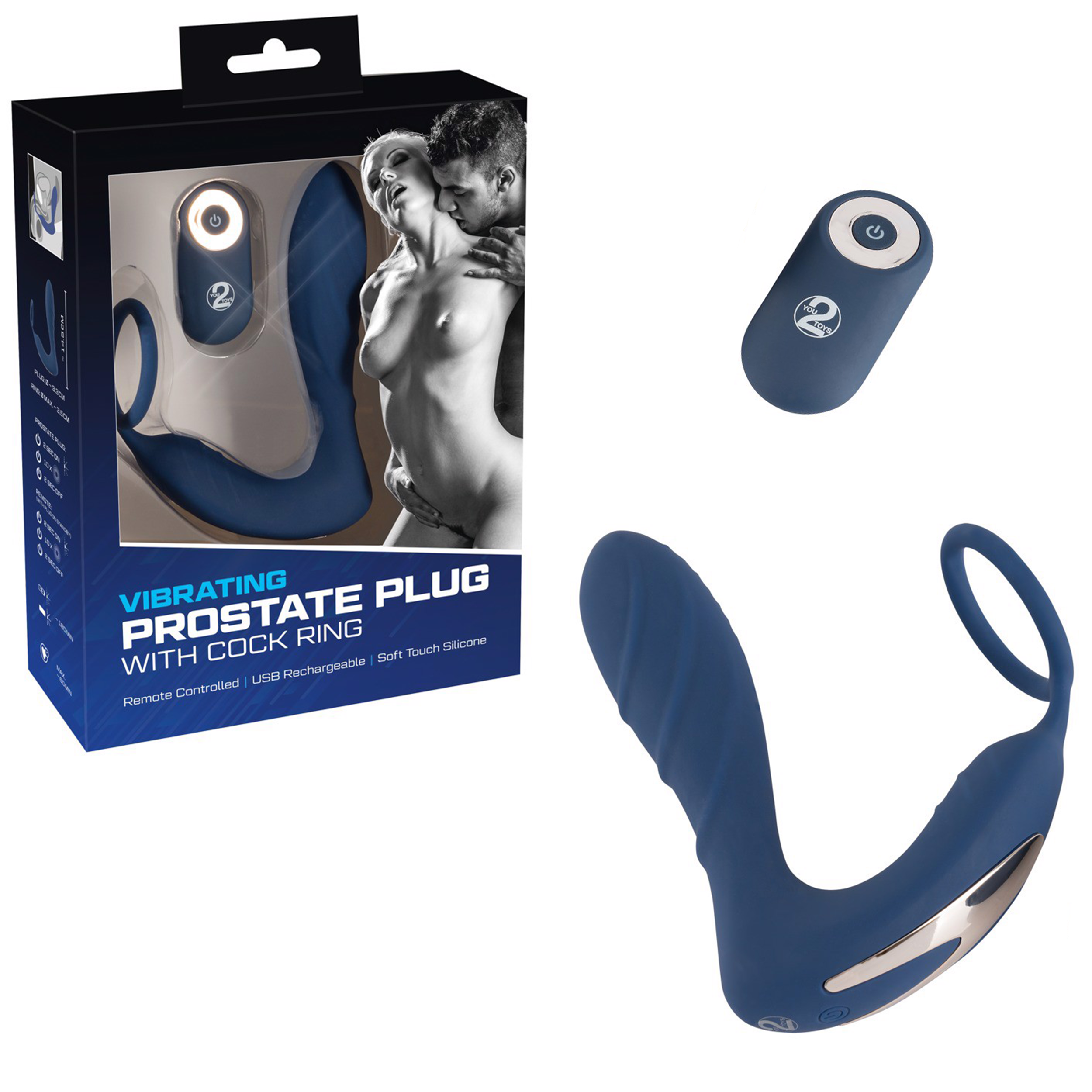 Inel penis cu stimulator anal și perineu, 10 vibrații, reîncărcabil, telecomandă, silicon Soft Touch