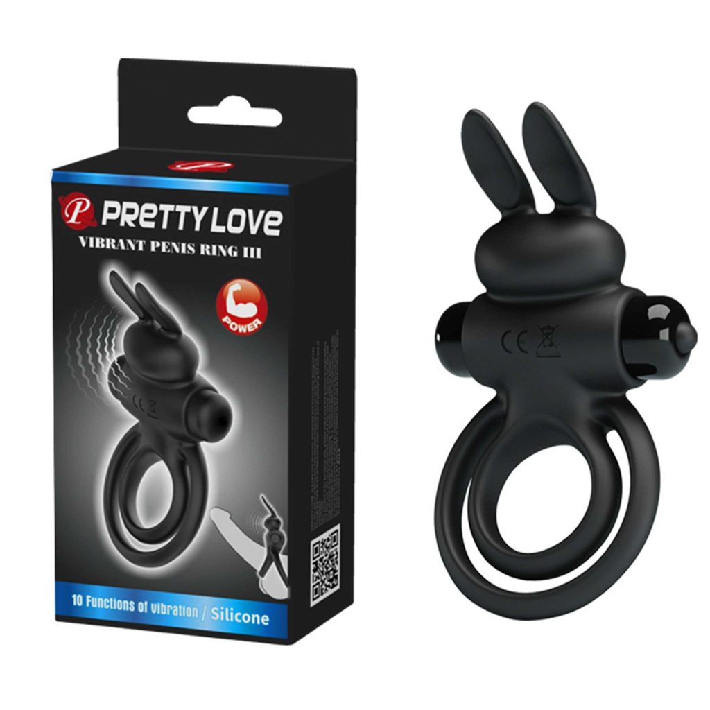 Inel penis cu vibratii Pretty Love Vibro Penis Ring Bunny III Black, silicon matasos, 10 moduri, stimulare clitoridiana