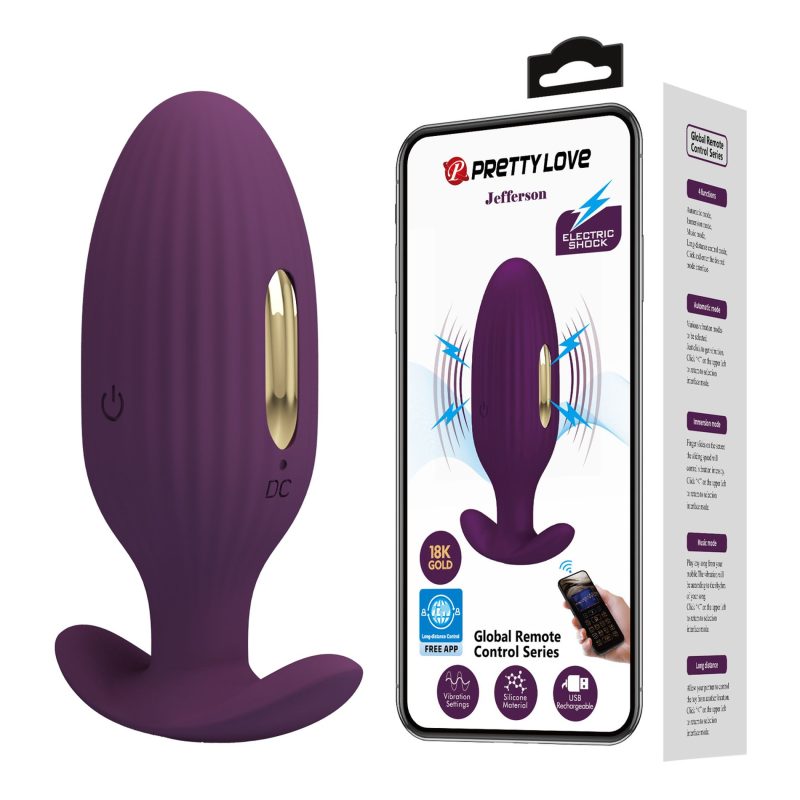 Plug anal electrostimulare Pretty Love Jefferson Purple, 9.2 cm lungime, 12 vibrații, silicon, reîncărcabil
