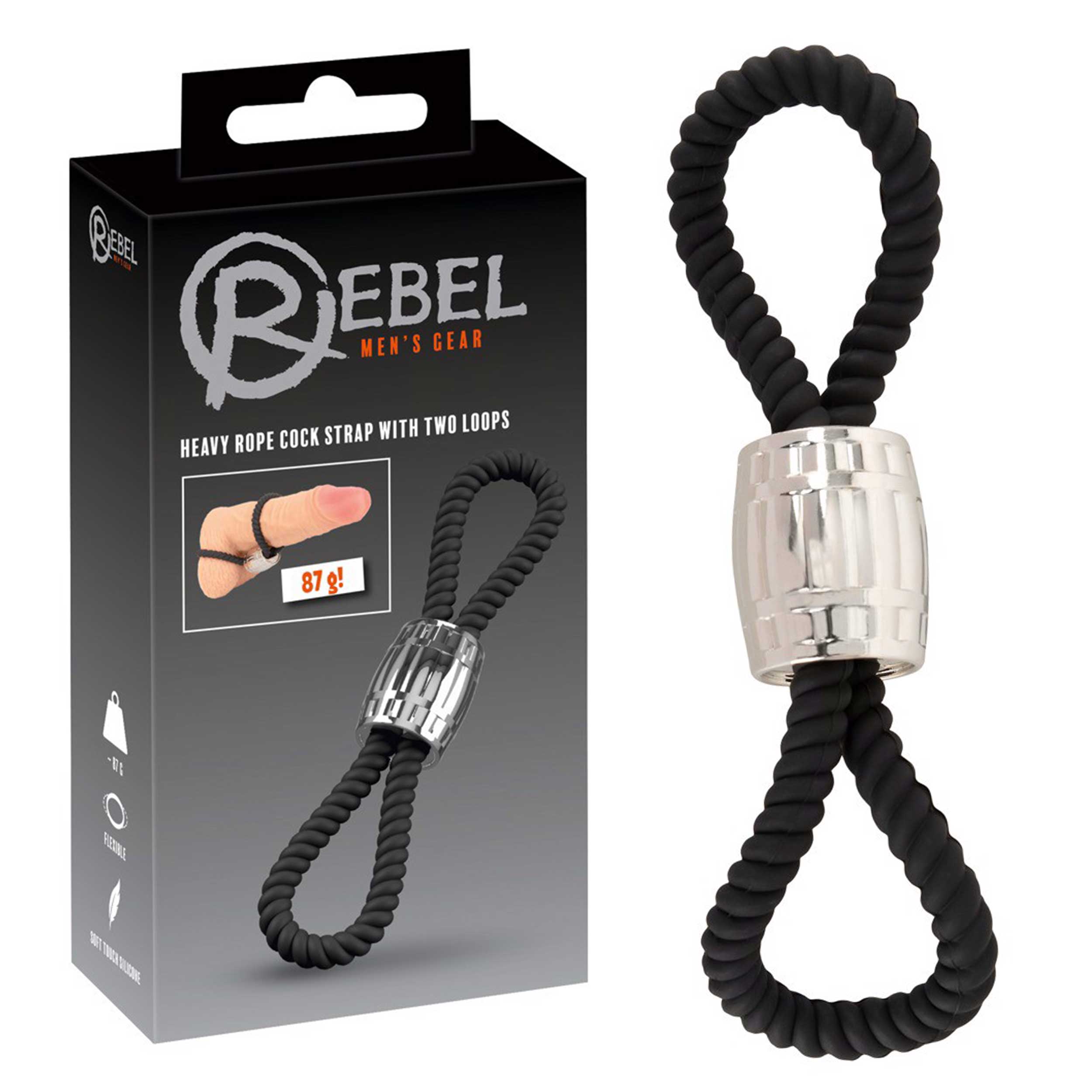 Inel penis Rebel Heavy Rope, silicon, 2 bucle flexibile, greutate 87 g, negru