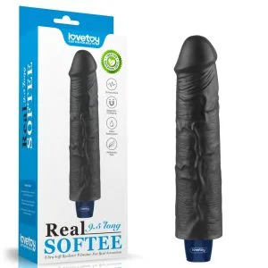Vibrator realist Real Softee Negru 23.7 cm, 10 vibrații, cap bombat, ax moale, waterproof, reîncărcabil