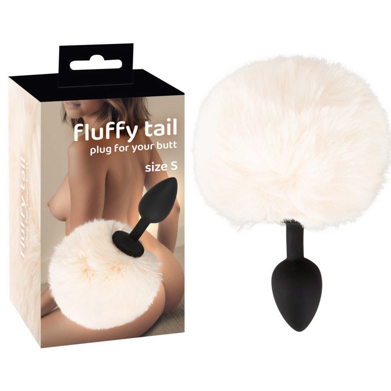 Butt plug cu coadă Fluffy Tail S You2Toys, dop anal silicon negru, coadă pufoasă albă, 6.5 cm inserabil