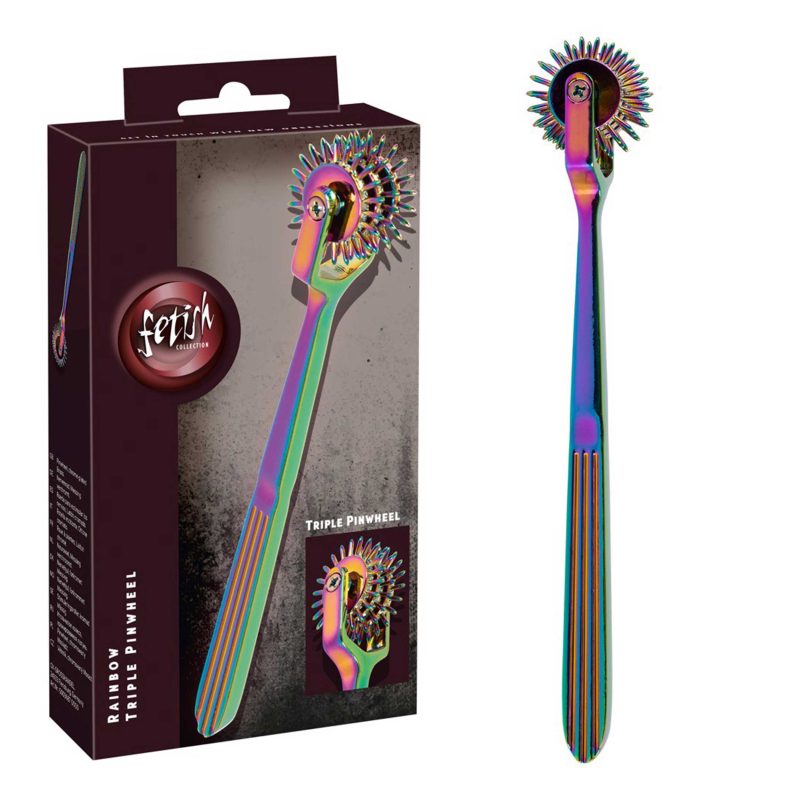 Pinwheel triplu Rainbow metalic, 3 roți, 18.5 cm, stimulare senzorială BDSM, din metal curcubeu, știfturi 6 mm
