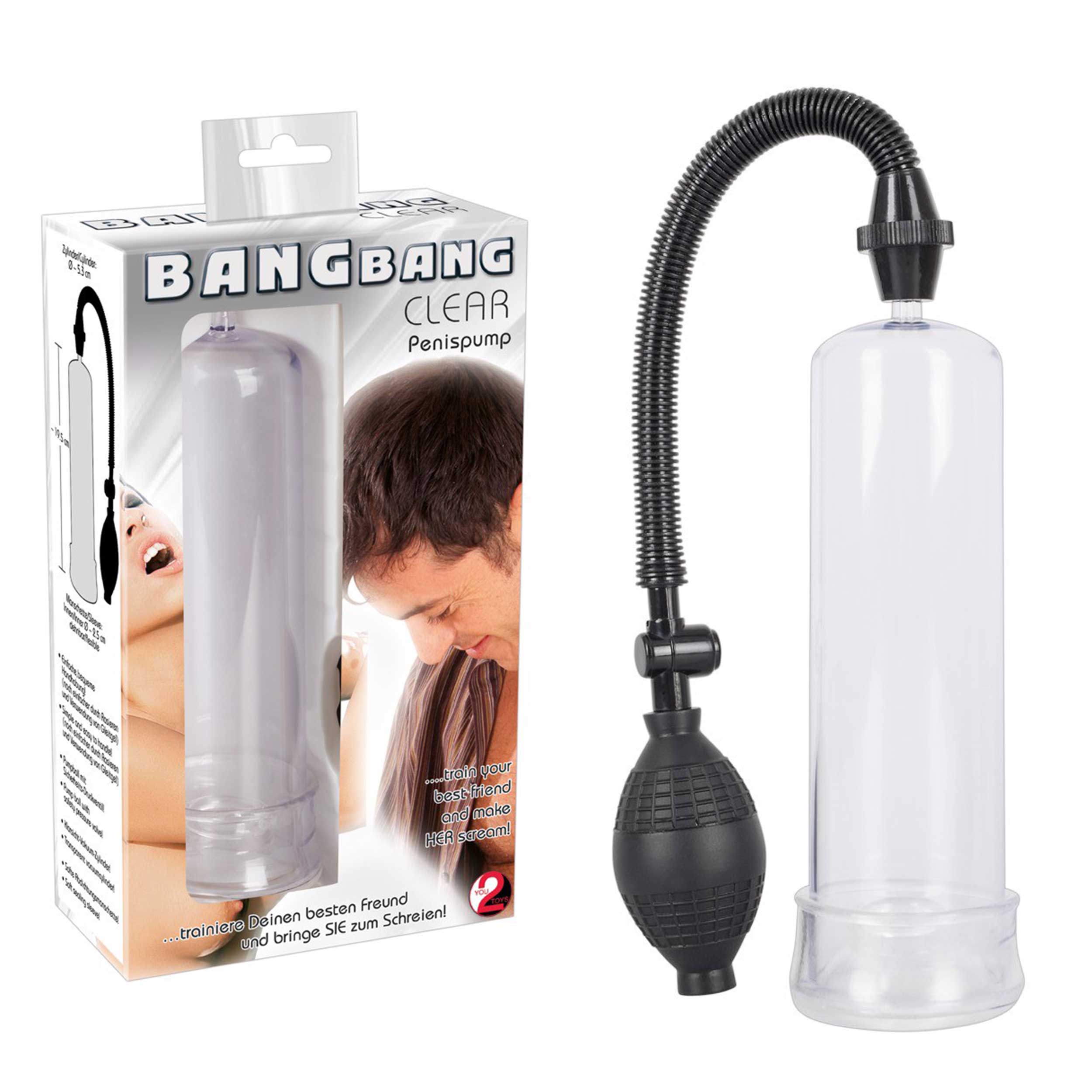 Pompă penis Bang Bang Clear, vid puternic, cilindru transparent 19.5 cm, supapă siguranță, mânecă flexibilă