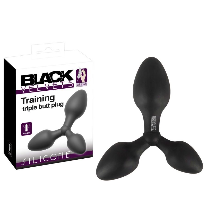 Plug anal triplu Training Black Velvets, 3 dimensiuni, silicon moale, 13.8 cm, flexibil, negru