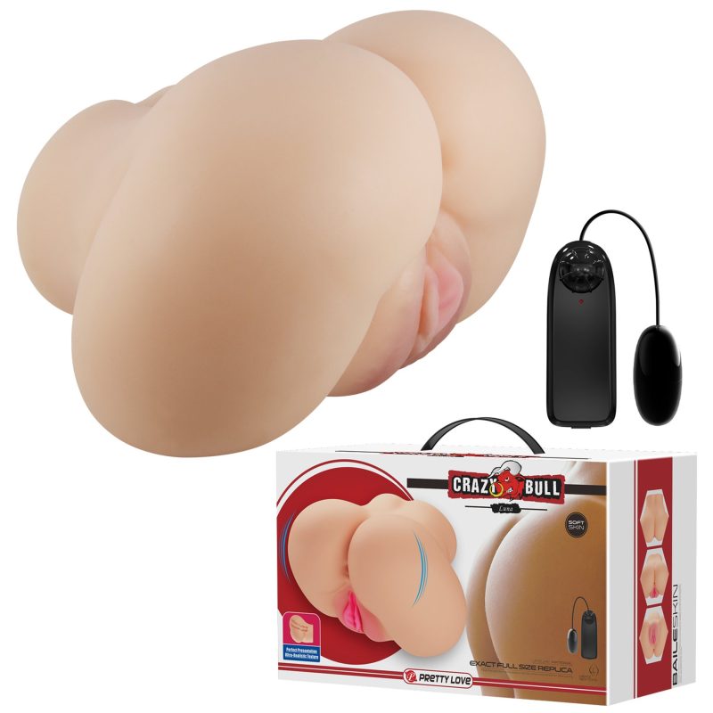 Masturbator dublu Crazy Bull Luna Flesh, vibrații, vagin și anus realist, TPR moale, 19.5 x 13.7 cm, 2 orificii penetrare
