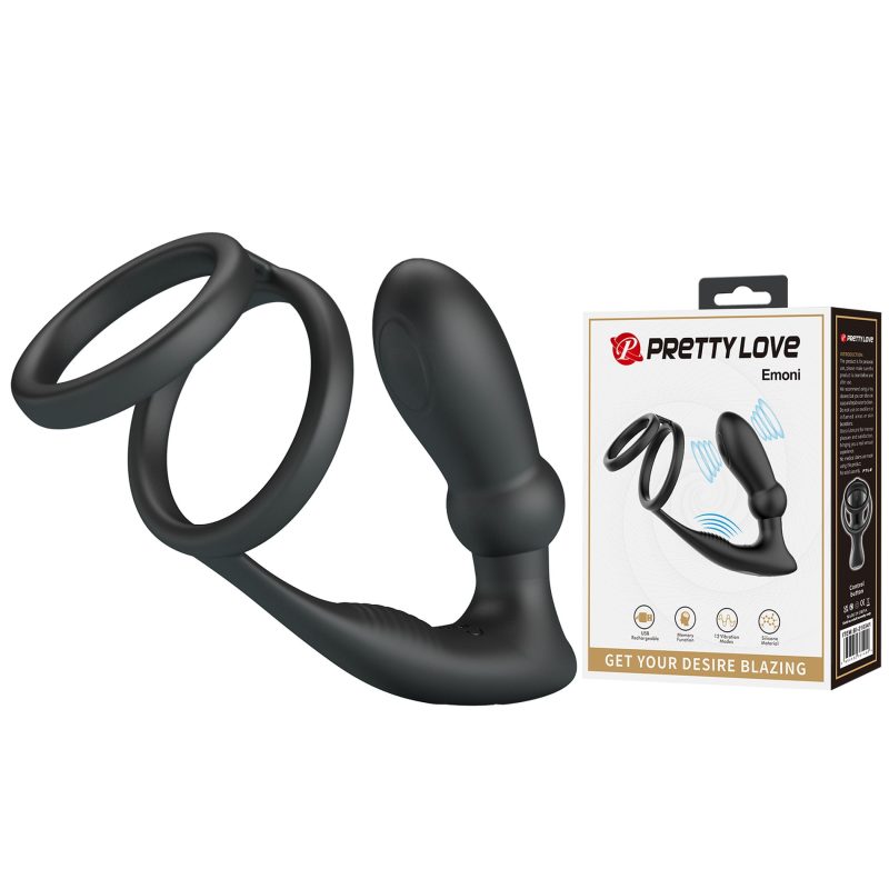 Inel cu stimulator Pretty Love Emoni, plug anal vibrator, 12 funcții, dublu inel penis/testicule, silicon moale, 10 cm inserabil, reîncărcabil
