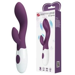 Vibrator Dublă Stimulare Brighty Purple, 30 funcții vibrație, punct G și clitoris, silicon flexibil, 20 cm, baterii AAA