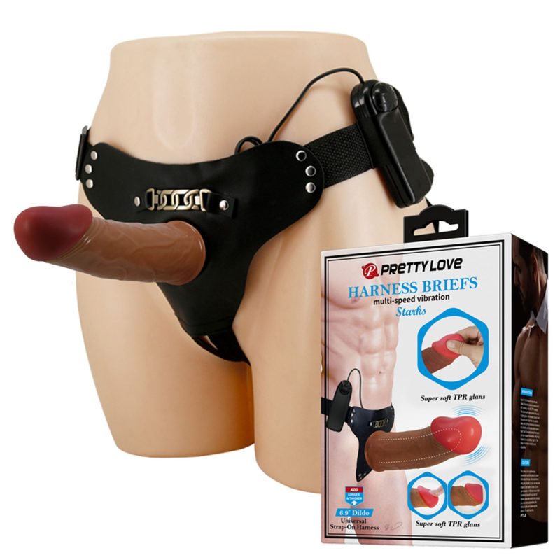 Centura penis Pretty Love Stark Brown cu vibrații, 17.5 cm, vibrator semi-gol, TPR moale, diametru 4.3 cm, curea reglabilă, telecomandă cu fir