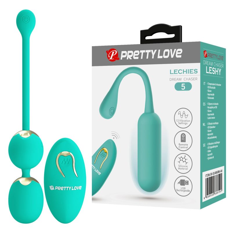 Bile Kegel cu vibratii Pretty Love, turcoaz, telecomanda wireless, 12 moduri vibratie, silicon, reincarcabile USB, 9 cm