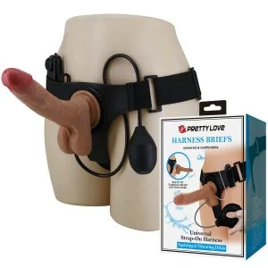 Ham strap-on cu dildo vibrații și ejaculare Pretty Love Oher Harness, TPR realist, 20 cm lungime, 4.3 cm diametru, ham reglabil