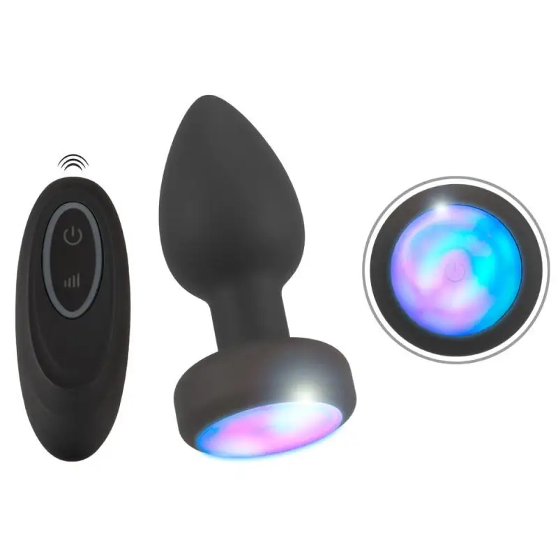 Butt plug anal ANOS RC Flashing 9 cm cu vibrații și LED colorat, silicon moale și rezistent la apă
