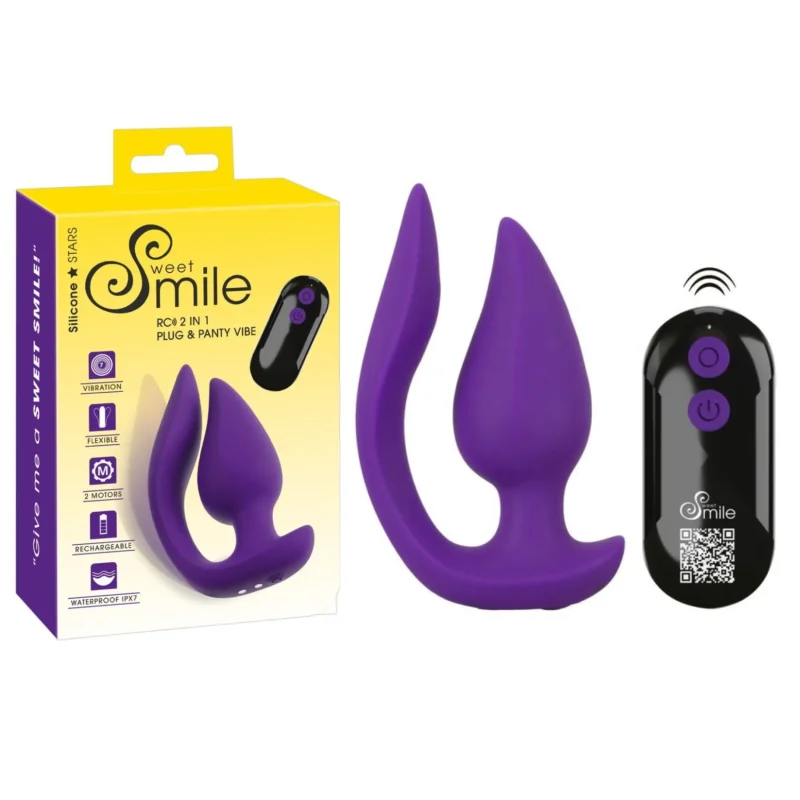 Vibrator 2 în 1 Plug & Panty Sweet Smile, 11cm, cu Telecomandă și 7 Funcții de Vibrație, Reîncărcabil, din Silicon