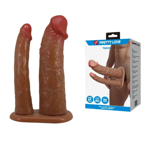 prelungitor penis dublu TPE maro 17.5 cm cu ham elastic