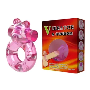 Inel de Penis Vibrator Design Ursuleti TPR Roz cu Prezervativ Vibrating Bear
