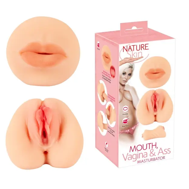Masturbator 3 tuneluri gura vagin anus Nature Skin TPE 19.5 cm realist material piele 866g penetrare ambele capete