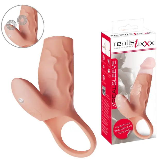 Manson penis cu stimulator clitoridian RealSleeve Clit Realistixxx, silicon matasos cu vene, 2 motoare, 10 moduri vibratie, reincarcabil USB