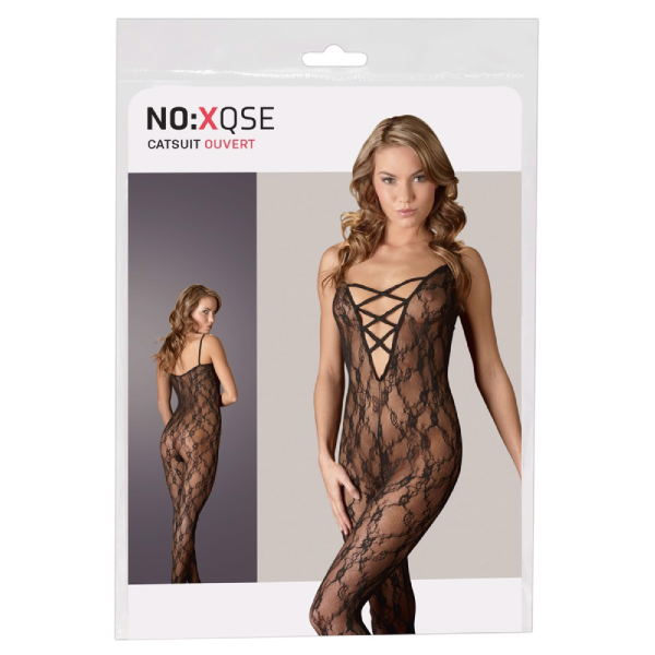 Catsuit din dantela florala Orion negru, material elastic cu model floral
