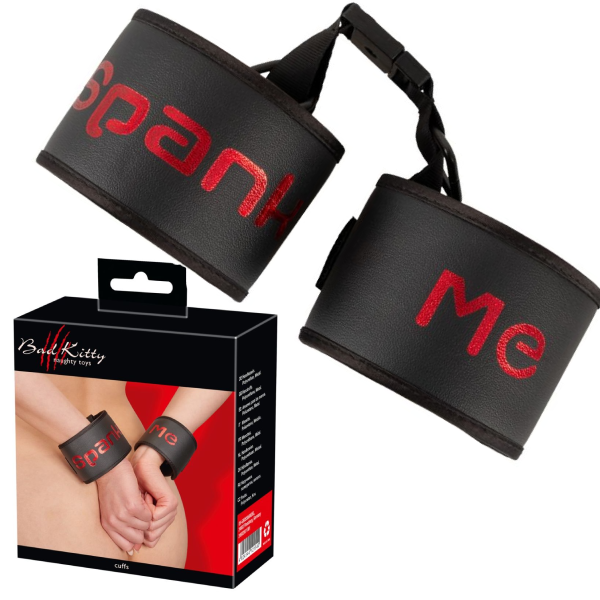 Catuse moi Bad Kitty Spank Me negre cu text rosu, cu inchidere velcro si curea textila