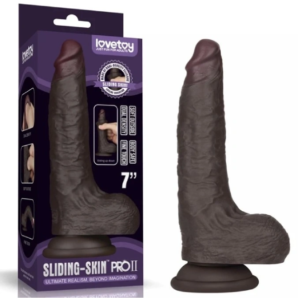 Dildo realist silicon LoveToy Sliding Skin Pro II negru de 17.5 cm, dublu strat, format compact
