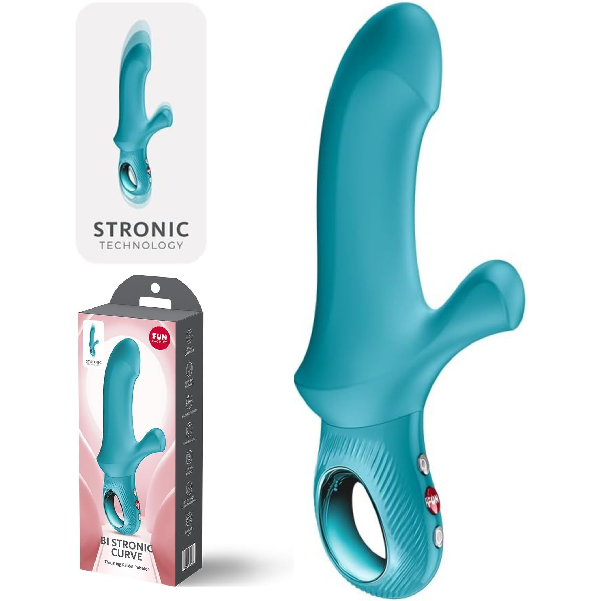 Pulsator cu impingere si vibratii Fun Factory Bi Stronic Curve aquamarine, cu stimulator clitoridian si maner LOOP