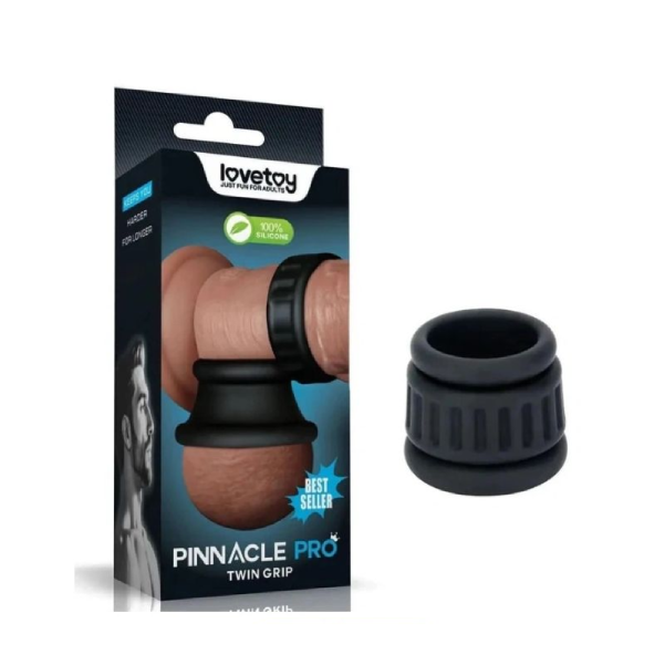 Set 2 inele penis din silicon LoveToy Twin Grip negru, cu forma de clepsidra si exterior striat