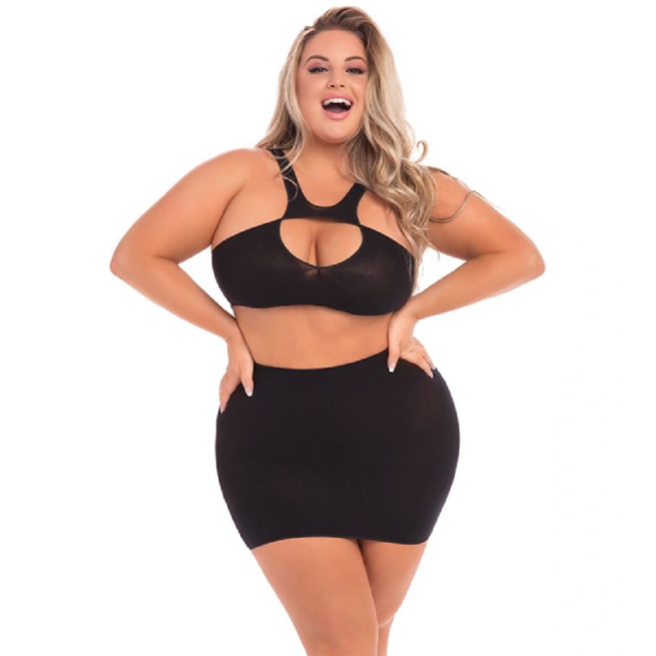 Set lenjerie plus size Pink Lipstick negru, 2 piese, cu fusta mini si top cu decupaj frontal