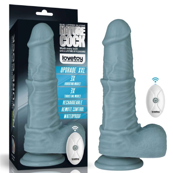 Vibrator realist cu impingere LoveToy bleu din silicon dublu strat, cu telecomanda si ventuza