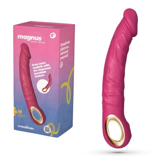 Vibrator realist din silicon Crushious Magnus roz, cu maner inel de control, 10 vibratii