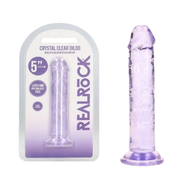 Dildo mic cu ventuza Crystal Clear transparent mov din TPE, subtire, cu baza cu ventuza