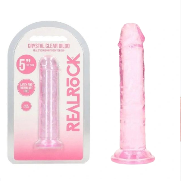 Dildo mic cu ventuza Crystal Clear transparent roz din TPE, subtire, cu baza cu ventuza