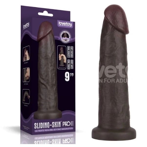 Dildo realist silicon LoveToy Sliding Skin Pro II negru de 22.7 cm, dublu strat platinum