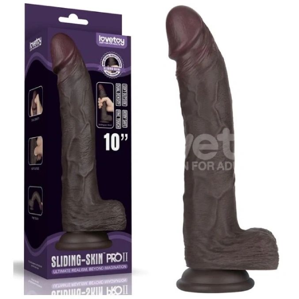Dildo realist silicon LoveToy Sliding Skin Pro II negru de 25 cm, dublu strat platinum