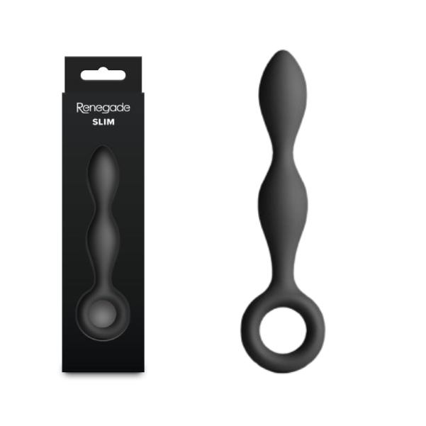 Dop anal subtire cu bile NS Toys Renegade Slim din silicon negru, cu inel pentru deget