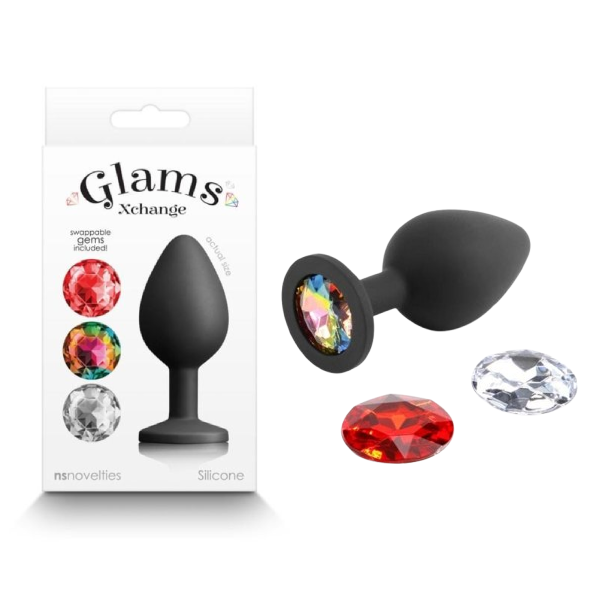 Dop anal cu bijuterie NS Toys Glams Xchange din silicon, cu 3 pietre colorate interschimbabile