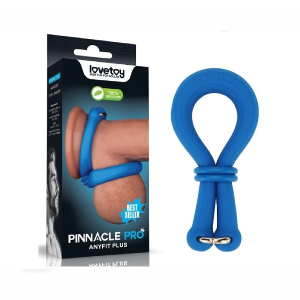 Inel dublu penis LoveToy AnyFit Plus albastru din silicon, cu doua bucle reglabile