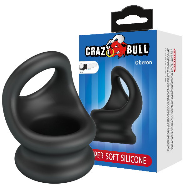 Inel penis cu ham pentru testicule Crazy Bull Oberon negru din silicon, design sling cu baza