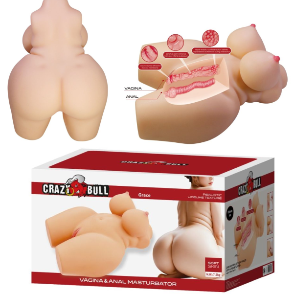 Masturbator torso realist Crazy Bull Grace din TPE dens, cu canal texturat, 37.5 cm