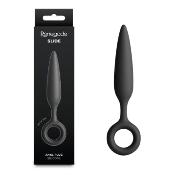 Plug anal alungit NS Toys Renegade Slide din silicon negru, forma ascutita cu inel pentru deget