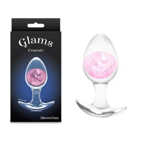 Plug anal transparent Cosmic Glams din silicon lichid, cu bila de sticla roz vizibila in interior