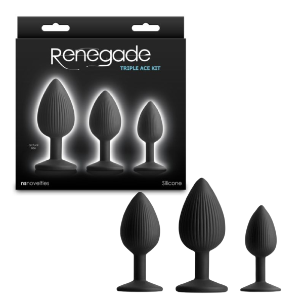 Set 3 dopuri anale cu ventuza NS Toys Renegade din silicon negru, cu canale de lubrifiant