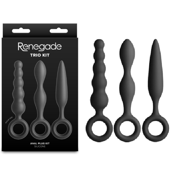 Set 3 dopuri anale subtiri NS Toys Renegade Trio din silicon negru, cu inel de extragere