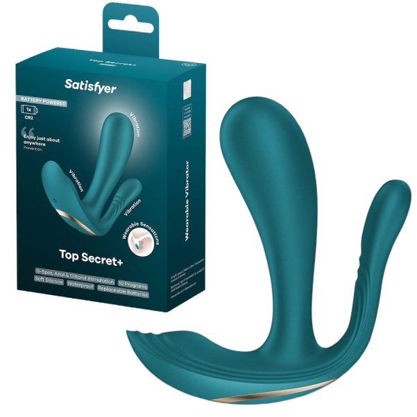 Stimulator dublu vaginal si anal Satisfyer Top Secret+ verde din silicon, cu doua brate