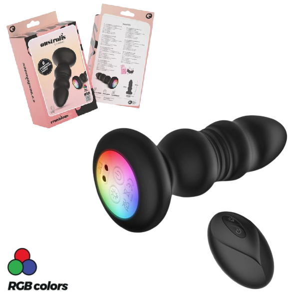 Vibrator anal cu impingere Crushious Australis negru din silicon, cu telecomanda si lumini RGB