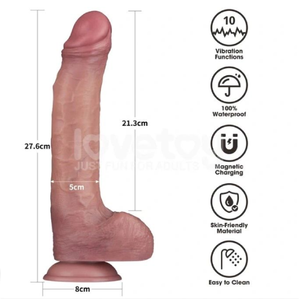 Vibrator Realist LoveToy Power Cock Dublu Strat, 10 Vibratii, cu Ventuza, PVC, USB Magnetic, Natural, 27.6 cm (1)