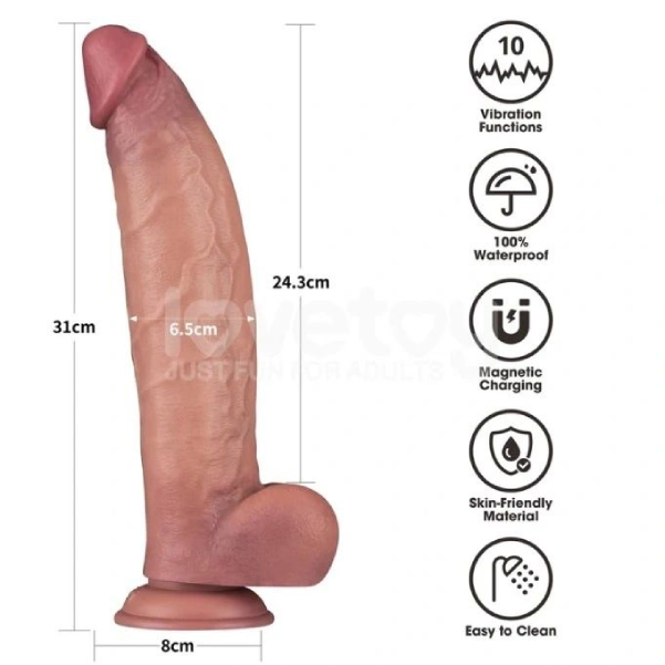 Vibrator Realist Mare LoveToy Power Cock, Dublu Strat, 10 Vibratii, cu Ventuza, USB Magnetic, Natural, 31 cm (1)