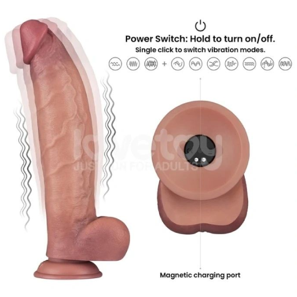 Vibrator Realist Mare LoveToy Power Cock, Dublu Strat, 10 Vibratii, cu Ventuza, USB Magnetic, Natural, 31 cm (2)