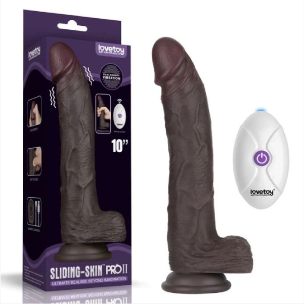 Vibrator realist mare cu telecomanda LoveToy Sliding Skin Pro II negru, silicon dublu strat, 25 cm