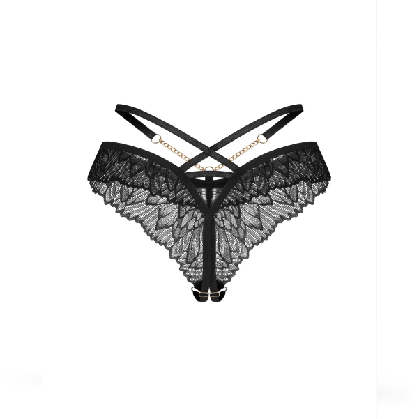 Chilot Tanga Crotchless Matildea, Negru, Dantela Florala cu Lanturi Aurii, Decupaj Intim, L_XL (3)