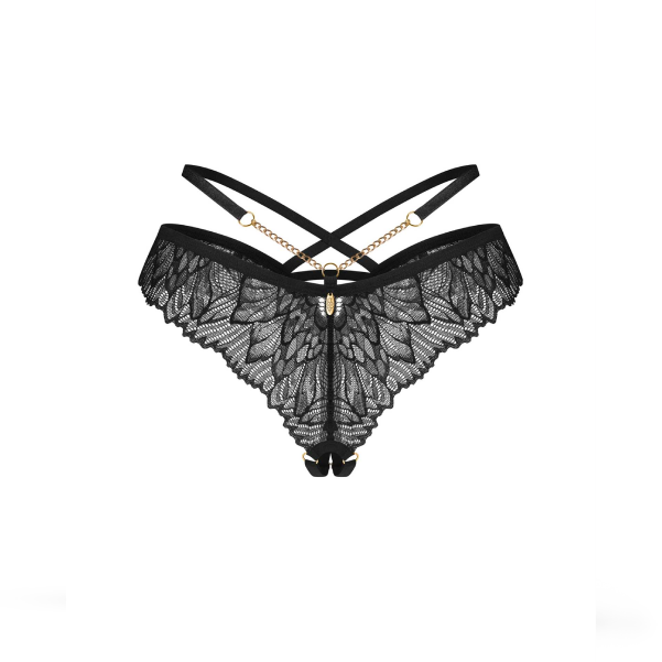 Chilot Tanga Crotchless Matildea, Negru, Dantela Florala cu Lanturi Aurii, Decupaj Intim, L_XL (4)